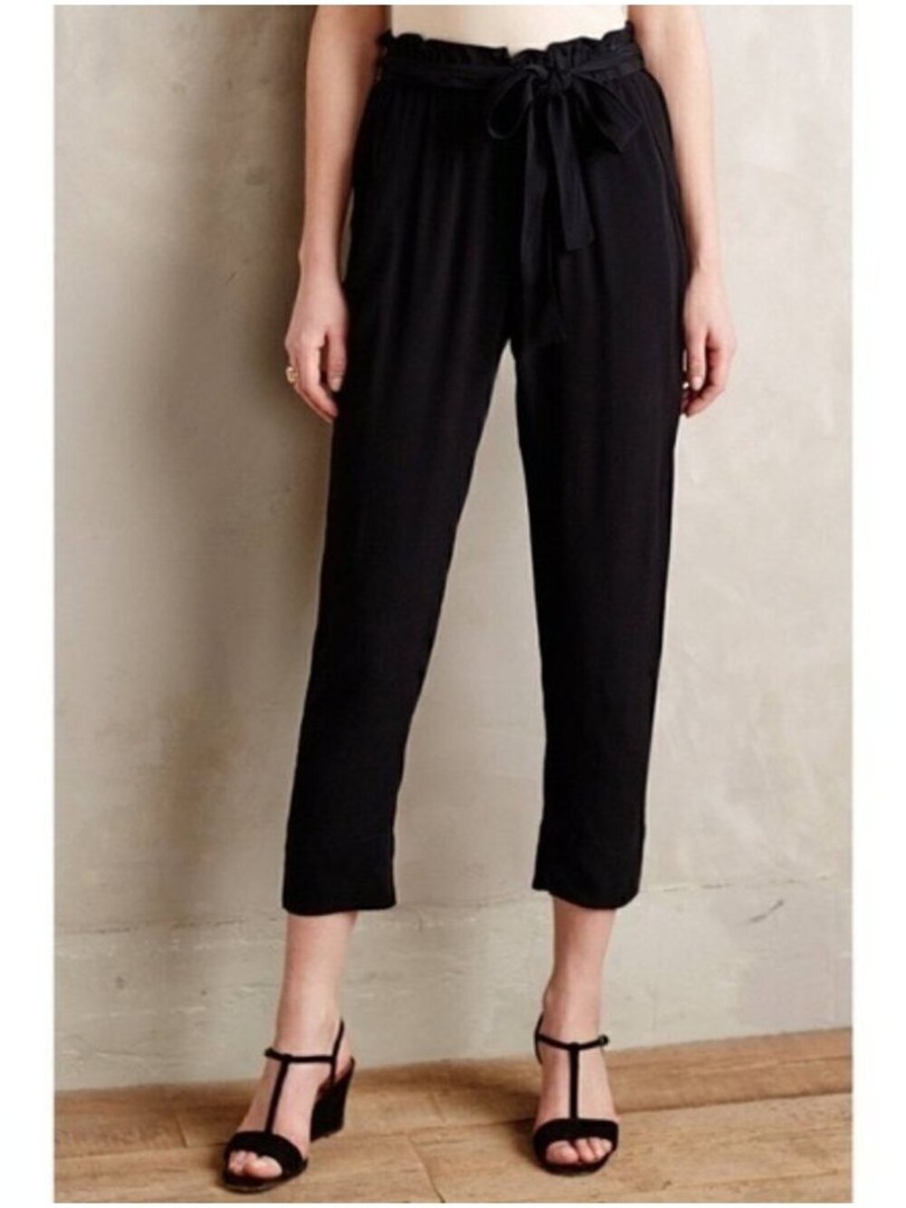 Womens Anthropologie Cartonnier Black Paperbag Tapered Leg Crepe Pants pockets